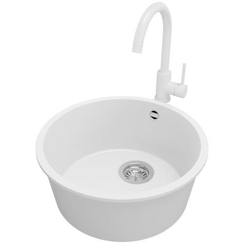 PRIMAGRAN Evier cuisine Granit Rond Blanc 46x46cm, Evier 1 bac + Robinet 32x20cm + Kit de Vidage, Lavabo Cuisine al mueble 50cm - La Valette Slim S013