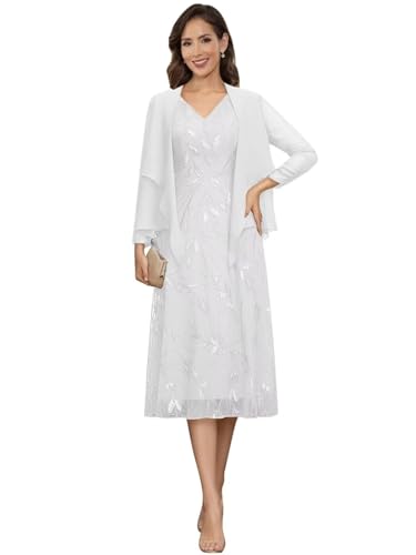 Image of 2 Pieces Mother of Bride Dresses with Jackets - Sequin Lace Chiffon A-Line Tea Length Formal Evening Dresses for Women