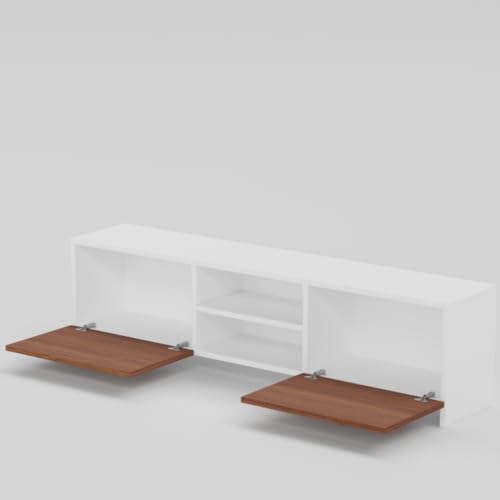 Image of Modern Living Room TV Stand with Open Display Compartment, Dual Side Storage Units, and Clean Contemporary Design for Home Decor | Assembly-DIY | Color-White & Cherry Pine