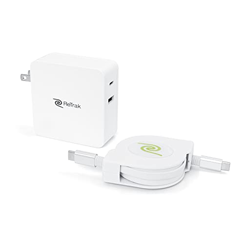 ReTrak USB-C 61W Laptop Charger with Retractable Cable, 2-in-1 Wall Charger + USB-C to C Cable, Type C Charger with Dual Ports Compatible with Laptops, Phones, & Tablets