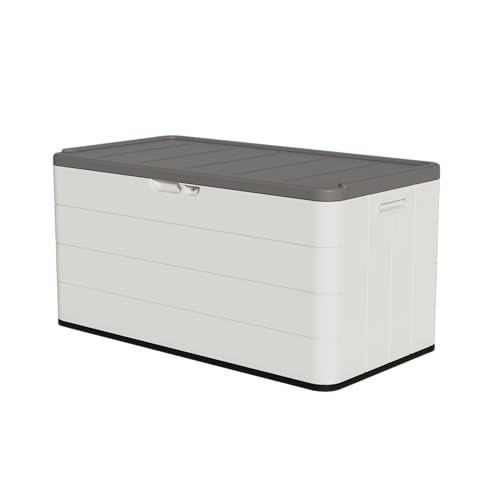 Decksplore Caja de almacenamiento para exteriores de 100 galones, impermeable, con cerradura, de resina, grande, contenedor de almacenamiento para accesorios de piscina, muebles de cojín, herramientas