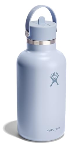 Image of Hydro Flask Water Bottle - Insulated Stainless Steel - Wide Mouth Flex Straw Lid, Non Spill, Leakproof and Refillable in 64 Oz Surf Blue