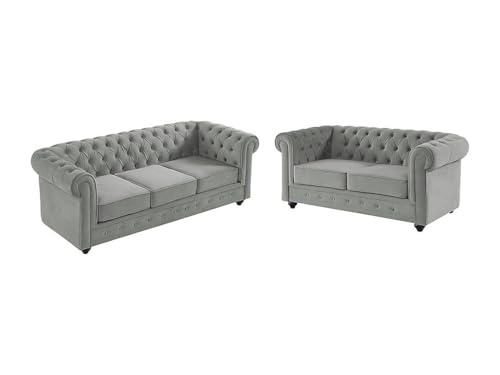 Vente-unique - 3-Sitzer + 2-Sitzer Chesterfield - Samt - hellgrau