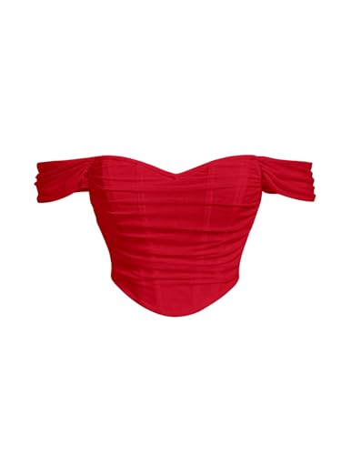 MakeMeChic Women's Plus Size Off Shoulder Mesh Corset Bustier Tops Ruched Tank Zipper Slim Fitted Sexy Crop Top