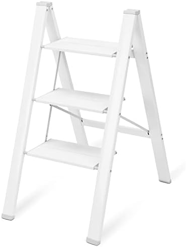 Asoopher 3 Step Ladder, Aluminum Folding Step Stool with Wide Anti-Slip Pedal, 330 Lbs Capacity, Lightweight & Portable Stepladder for Household and Office, White