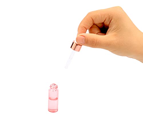 Furnido 35 Pack,1/6 oz(5ml) Pink Essential Oils Dropper Bottle,Empty Glass Sample Vials with Glass Tube,Rose-Golden Caps For Travel,Perfume Aromatherapy Liquid Container-Dropper&Funnel Included2