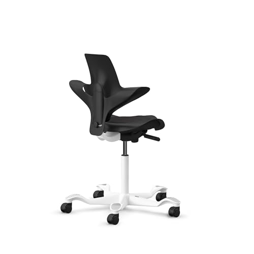 Image of HAG Capisco Puls Sit-Stand-White Base-Black Frame-Black Vinyl Pad