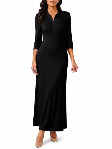 Image of PinkPatty Women's Casual 3 /4 Sleeve Polo V Neck Bodycon Maxi Dress | Semi formal, modest style, long fitted, versatile for church, work, business, office and daily wear