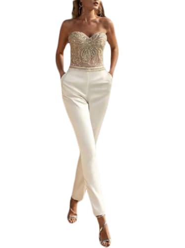 Generisch - Mono de mujer sin mangas con cintura alta, elegante traje de una pieza para cócteles y fiestas, body festivo de manga larga, Blanco, S
