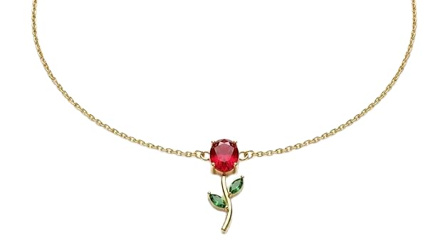 Tulip Flower Pendant Necklace for Women, Red Crystal Bloom, Green Leaf Accents, Gold-Plated Finish-picture-21