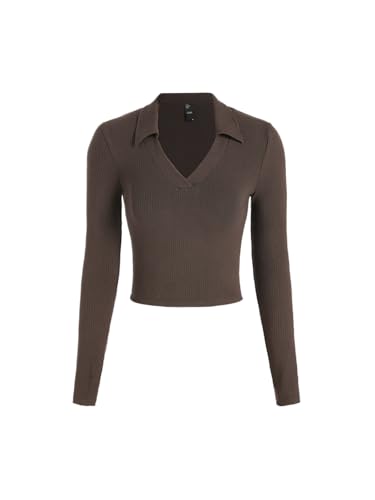 CIDER Fitted Long Sleeve Shirts for Women - V Neck Polo Shirts Business Casual Collared Work Tops Fitted Spring Fall Shirt