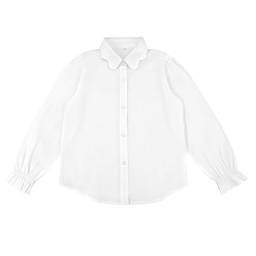 Image of Girls Button Down Shirt Puff Sleeves Blouse Summer Cute Top Doll Collar School Uniform, 4-13Y