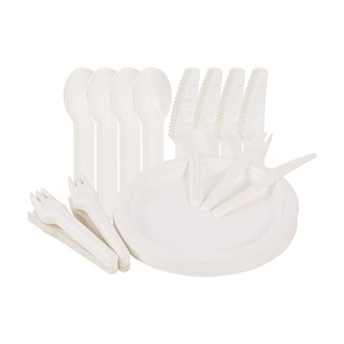 Kompostierbares Einweggeschirrset - HL Home-Link Biologisch abbaubares Bagasse-Geschirrset, Pappteller Gabeln Messer Löffel Servietten für BBQ Party Picknick, mikrowellengeeignet (25 Gäste|150 Stück) Cover