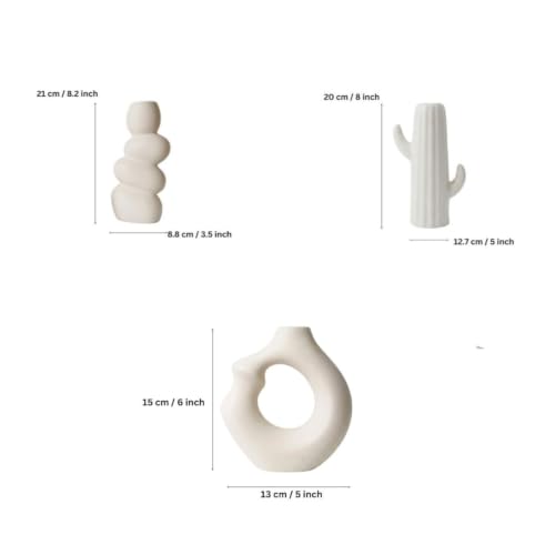 Image of Modern Ceramic Vase Set of 3 | Nordic Minimalist Donut & Abstract Design Flower Vases | Matte White Home Decor for Living Room, Table, Shelf, Office | Pampas & Dried Flower Vase