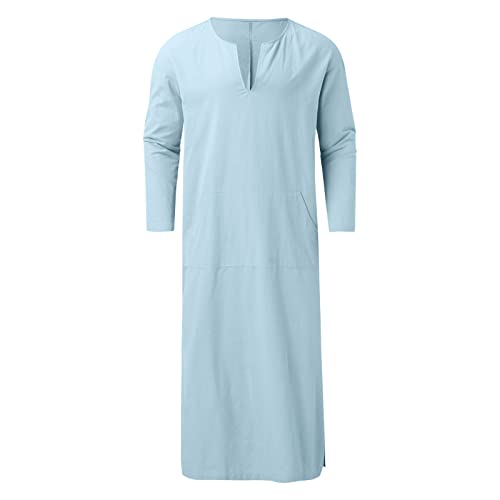 Mens Robe Long Sleeve Thobe Casual V Neck Gown Mens Kaftan Robe4