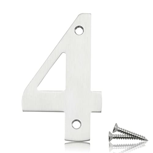 Bwintech 1 Pcs 75mm Satin Nickel SS304 House Numbers Door number 4, House Signs for outside, House Numbers Plaques for Front Wooden Door