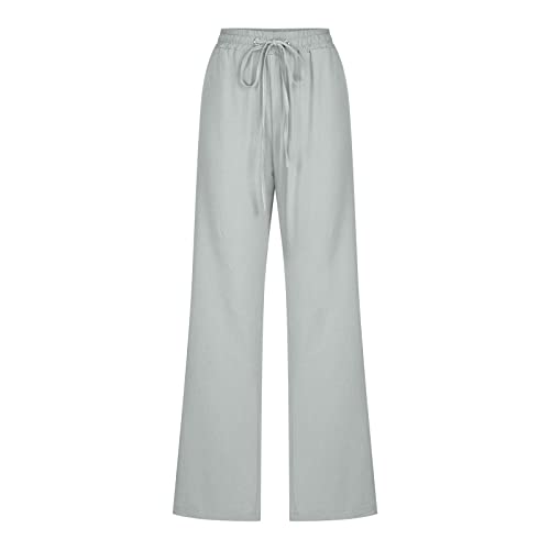 Image of Linen Pants Women High Waisted Drawstring Casual Pant Cotton Linen Straight Leg Lounge Trousers with Side Pockets