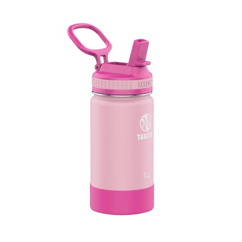 Image of Takeya Actives Kids Water Bottle 14 oz Stainless Steel Double Wall Insulation BPA-Free Leakproof Straw Lid Easy Carry Handle Reusable Ideal for Boys and Girls, School, Sports - Blush / Super Pink