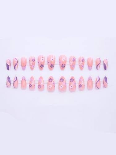 Image of Secret Lives Premium Glossy Reusable Artificial Light Pink Color with white & purple Flower and Stripes Fake False Press on Nails 24 pieces Set with Kit