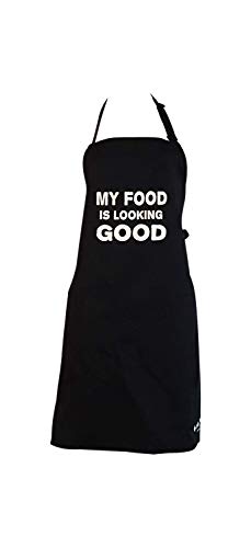 Tinas Collection Tablier Noir avec Cou Réglable et Poche, qualité Tablier pour Barbecue et Cuisine, Polyester, My Food is Looking Good, 58 x 73 cm