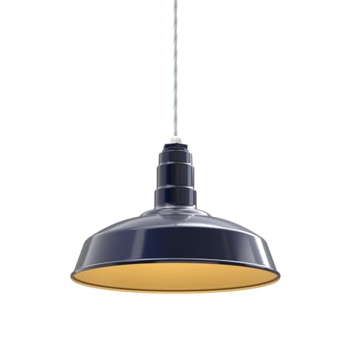 Image of Steel Lighting Co. Carson Barn Light | Ceiling Mounted Pendant | 16 inch Dome | 4' White Cord | Industrial Style Steel Light Made in America | Navy Blue Exterior /Brass Interior