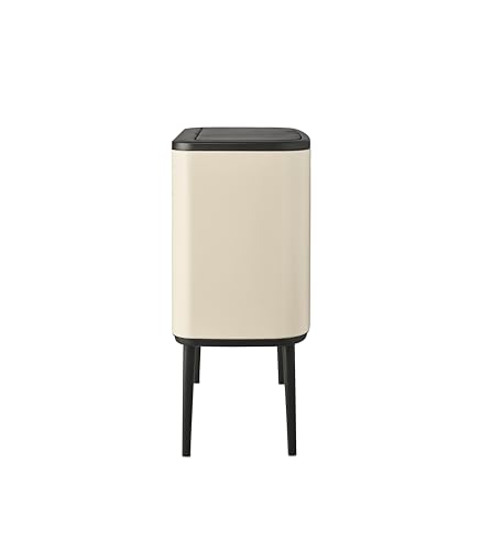 Image of Brabantia Bo Touch Top Kitchen Trash Can with Three Compartments & Raised Legs | Soft Beige | 3 x 3 Gal Inner Buckets | Soft-Close Garbage Can, Stay-Open Lid | Fits Against Wall | + Trash Bags