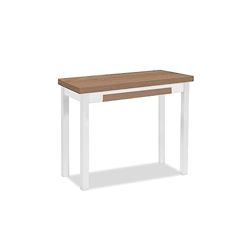ASTIMESA - Mesa de Cocina Tipo Libro con Cajón - Mesa con Tapa de Madera Laminada en Color Roble Oscuro - Estructura Madera Laminada Blanca - Mesa Extensible de 80 x 40 cm a 80 x 80 cm
