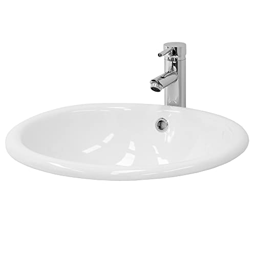 Produktbild von Einbauwaschbecken Oval LuxeBath Waschbecken Aus Keramik, Weiß Glänzend, 490x405x195 Mm, Oval Ablaufgarnitur Waschbecken Mit überlauf
