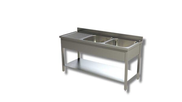 Lavello acciaio inox 2 vasche con gocciolatoio SX - 140 x 60 x 85 cm, per Ristorante, Bar, Gastronomia, Pizzeria - NO RUBINETTERIA
