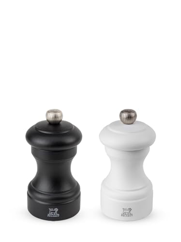 PEUGEOT - Mühlenset Bistro 10 cm Pfeffermühle und Salzmühle - Stahlmahlwerk - Klassische Mahlgradeinstellung - Aus Holz mit PEFC-Siegel - Schwarz Weiß