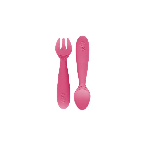 Image of ezpz Mini Utensils - 100% Food Grade Silicone + Nylon Self Feeding Spoon & Fork for Baby /Toddler Led Weaning + Purees - Designed by a Pediatric Feeding Specialist - Sensory Bumps - 12 Months+ (Pink)
