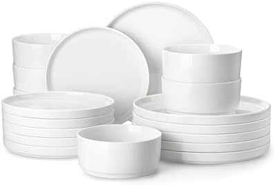 MALACASA LEAH Geschirr Set, 18-tlg weiß Porzellan Tellerset 6 Personen | modernes Tafelservice mit je 6 Essteller, Kuchenteller & Müslischalen, spülmaschinenfest, mikrowellengeeign