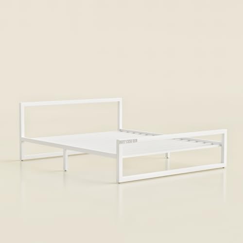 Image of Queen Size Metal Bed Frame | Queen Metal Bed | Queen Iron Bed | QueenSize Steel Bed | Heavy Duty Platform Bed | Wrought Iron Bed | Double Bed Cot | Steel Slats | No Box Spring Needed |White