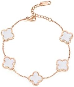 GAUEIOUR White Four Leaf Clover Bracelet, Women's Titanium Steel Bracelet, Simple Design Style, Delicate Four Leaf Clover Jewelry, Lucky Bracelet, Jewelry for Girls and Women (White)