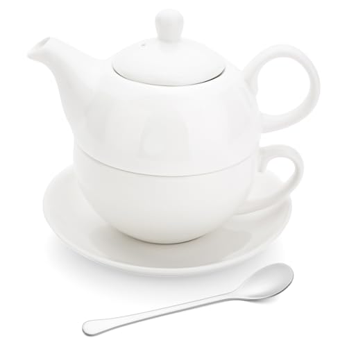 Teapot and Cup Set for One - Ceramic Teapot with Teacup and Saucer Afternoon Tea Set (White)