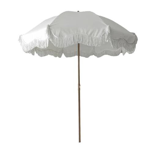KXWOQ3ED Sombrilla de Jardín Boho, 200 cm Sombrilla de Patio Blanca con Flecos, Parasol de Mesa Exterior con Borla y Bolsa de Transporte para Balcón Playa Césped Piscina