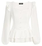 SCARLET DARKNESS Damen Viktorianisch Top Square Neck Lange Ärmel mit Rüschensaum Knopfleiste Oberteile L Weiß, SL0229A22-01_00L@#WQHSYB