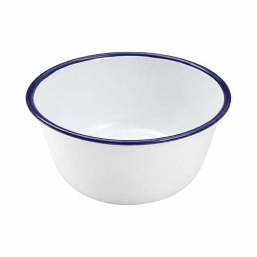 DTD QUALITY MATTERS Enamel Pudding Basin Bowl with Blue Rim Traditional Oven Safe Baking Bowl Scratch Resistant Enamel Steel Kitchen Cooking Dish for Steamed Puddings Mixing & Baking 16cm