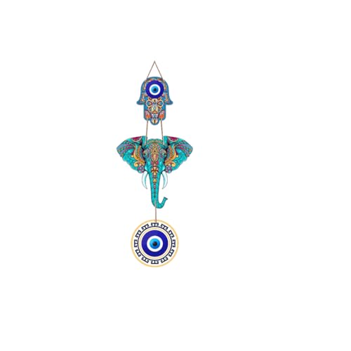 Image of DAKSHESTRY ARTWORKS Evil Eye Wall Hanging | Nazar Protection Hanging with Elephant & Hamsa Hand | Boho Spiritual Home Decor | Ready to Hang Decorative Wall Accent (ewh)