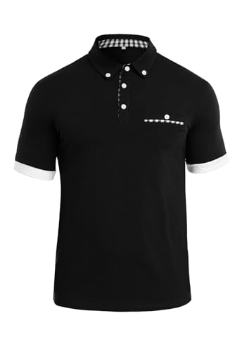 Mens Casual Short Sleeve Summer Polos Plaid Splice Fashion Button Cotton T-Shirt Golf Tennis Tops2