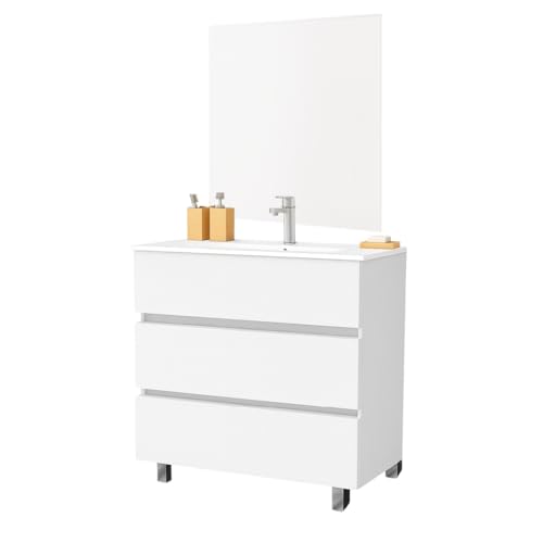 EL BAÑO MODERNO Juego Mueble Baño con Lavabo y Espejo. Mueble Baño con Lavabo. Mueble Bajo Lavabo Compacto Preinstalado de Fábrica. Mueble Lavabo con Pie de Porcelana Ideal para tu Hogar