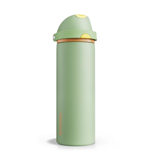 Image of Insulated Water Bottle with Straw - Encool Stainless Steel Water Bottle with Push Button Lid, Leak-Proof & BPA-Free, Keeps Cold for 24 Hours for Sports, Travel, Gym (24 oz, Lichen-Yellow)
