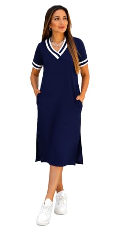 Image of Women's V-Neck Sporty T-Shirt Dress | Stylish Striped Sleeve One Piece for Women | Casual Summer Knee Length Short Dress | Trendy Beach & Resort Wear Western Dress (26 D-1-3)