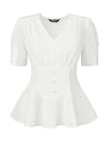 Allegra K Vintage Ruffle Blouse for Women's V Neck Short Sleeve Lace Up Peplum Top Medium White