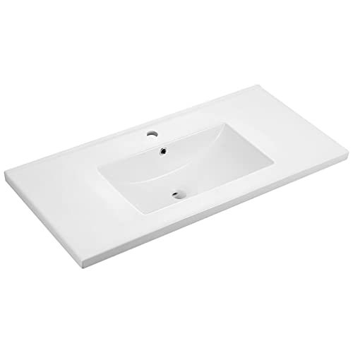 Lavabo Integral Cerámico Blanco. Encimera Lavabo de Baño Rectangular Blanca. Seno centrado. Medidas Disponibles, 101cm de Ancho y 46cm de Fondo. con Rebosadero y Orificio de Grifo Cover