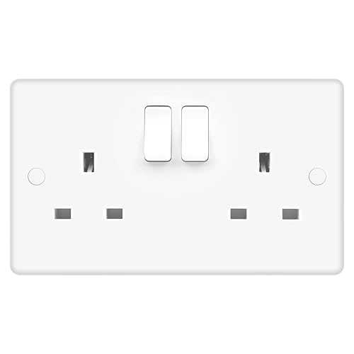 Evoges Vector 13A 2 Gang Switched Double Socket (Rounded Edge) White Double Pole UK 3-Pin Power Outlet Includes Fixing Screws & Screw Caps (Pack of 1)