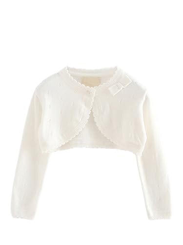 Girls's Bowknot Scalloped Cropped Knitted Sweater Toddler Cardigan Round Neck Long Sleeves Lightweight Knitwear