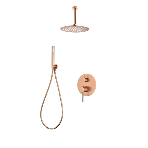 IMEX - Ducha Empotrada Techo Monomando Oro Rosa | Kit de Grifería Empotrado con Alcachofa y Rociador Antical Efecto Lluvia | Columna Ducha Empotrada con Grifo en Latón y Acero Inox S.304 |Serie Tívoli