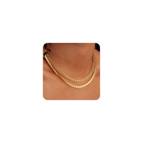 Layered Gold Necklaces for Women - 18K Gold Plated Herringbone Paperclip Chain Pearl Cuban Twist Rope Chain Necklace Waterproof Jewelry Dainty Choker Necklace Gold Jewelry for Women Gifts