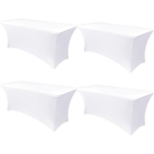 Image of Obstal 6ft Stretch Spandex Table Cover - 4 Pack Universal Rectangular Fitted Tablecloth Protector for Wedding, Banquet and Party, White